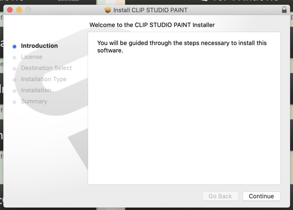 Clip Studio Paint installation window, Step 1