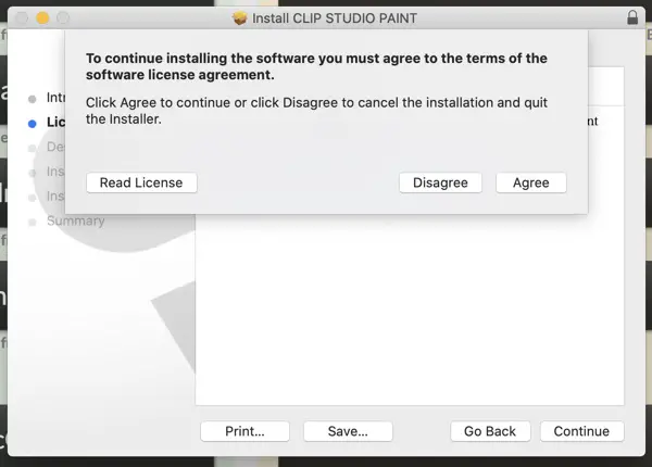 When installing Clip Studio Paint, agree to the EULA