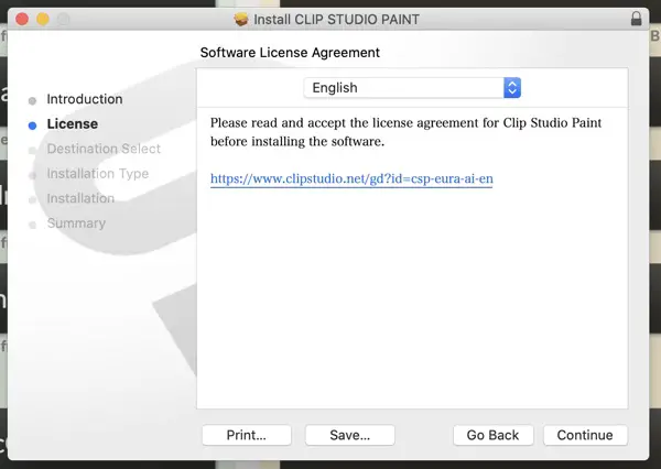When installing Clip Studio Paint, you'll need to select a language. English is defaulted.