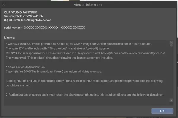 Version Information modal window on Clip Studio Paint