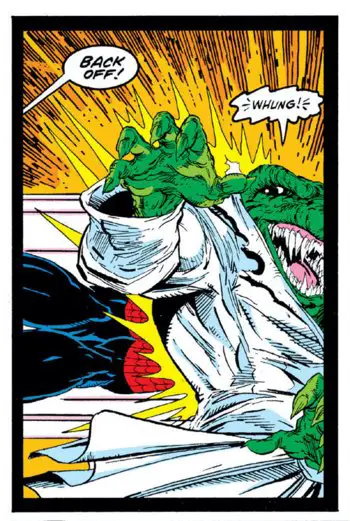 Spider-Man attacks the Lizard in an awkward vertical panel by Todd McFarlane