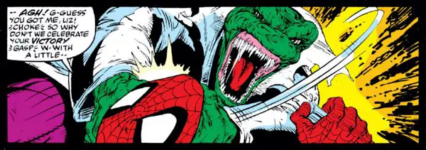 Lizard chokes Spider-Man