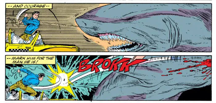Peter Parker takes out a shark in a tunnel with one punch.  One punch!