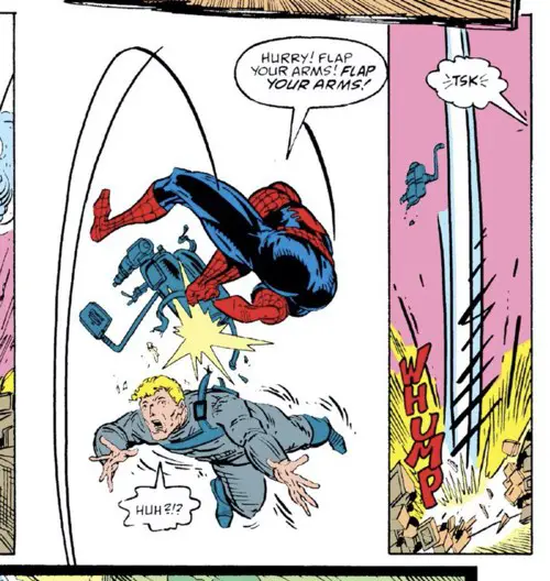 Spider-Man warns the flying men to flap their arms if they want to live