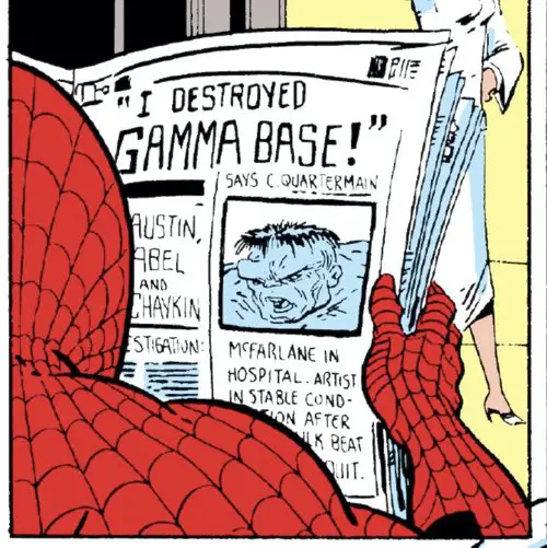 Newspaper headlines by Todd McFarlane in The Amazing Spider-Man #303