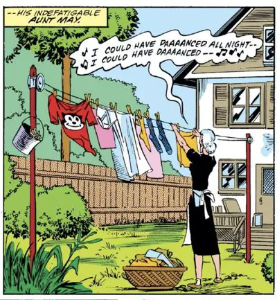 Aunt May hangs her Felix the Cat licensed t-shirt out to dry