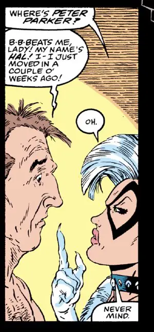 Black Cat talks to a stranger who looks like Todd McFarlane