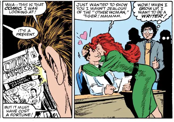 Mary Jane buys Peter a copy of Action Comics #385 as Jim Salicrup looks on