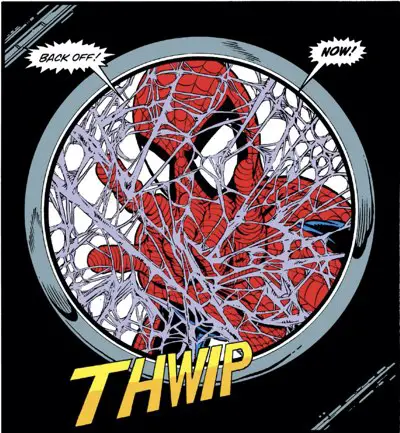 Amazing Spider-Man #306 splash page with Spider-Man webbing up a camera lens