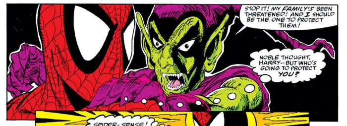 Todd McFarlane leaves a bad tangent between Spider-Man's face and Green Goblin's ear in this panel.