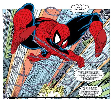 A classic Todd McFarlane Spider-Man swinging high above New York City