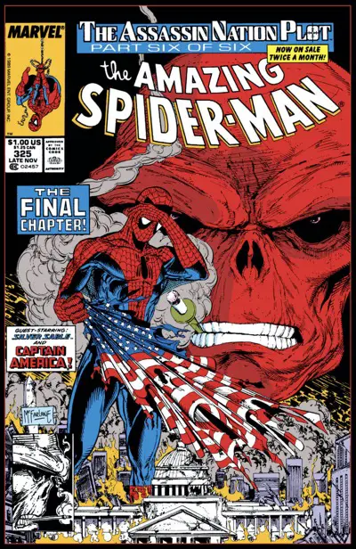 Cover to The Amazing Spider-Man #325 by Todd McFarlane, featuring a burning Capitol Building and a flag.