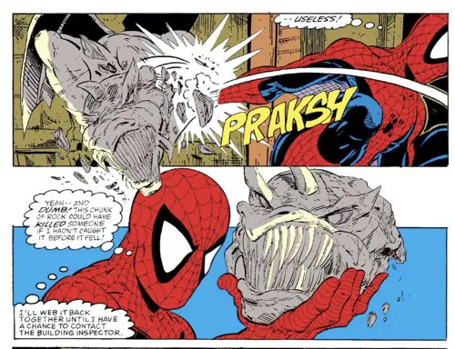 Spider-Man punches a Gargoyle.  Then he puts the head back together.