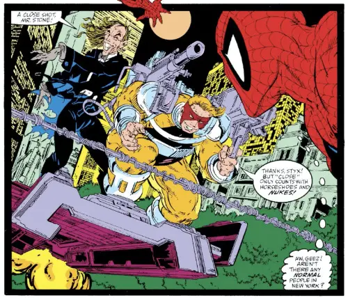 Styx and Stone on their glider in The Amazing Spider-Man #309 by Todd McFarlane