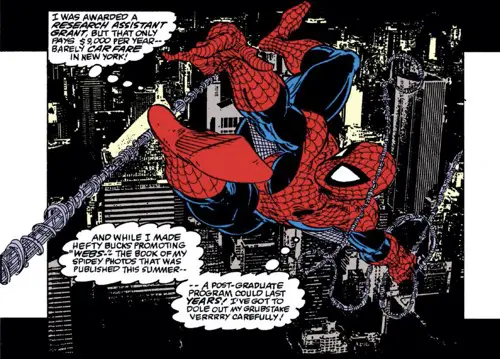 Todd McFarlane's Spider-Man swings through the city with arms and legs are precarious angles.  It looks awesome.