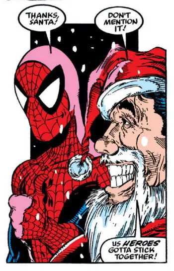 Spider-Man smiles with Santa Claus