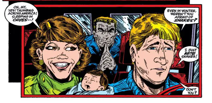 Eddie Brock hitchhikes on his way to see Spider-Man, and there's a lot about the art in this panel that bothers me.