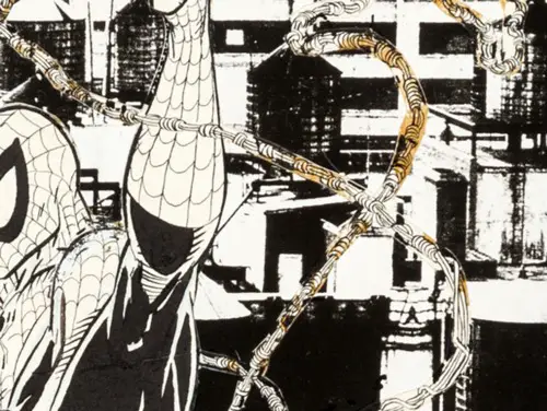 a closeup on Todd McFarlane's original art shows how Spider-Man was drawn separately and glued on top of the background. 