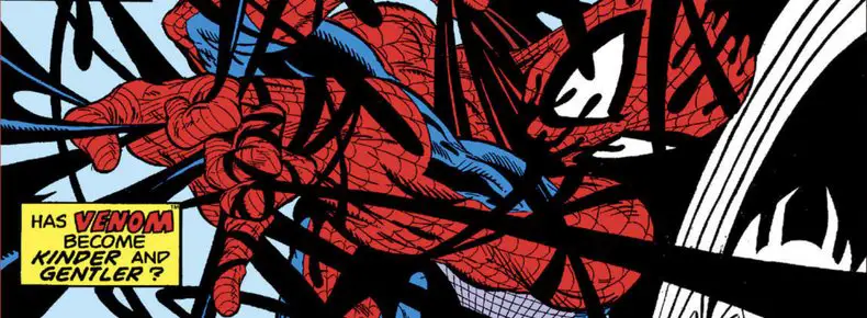 Detail of Todd McFarlane's cover to The Amazing Spider-Man #317 featuring Spider-Man fighting off Venom's costume material.