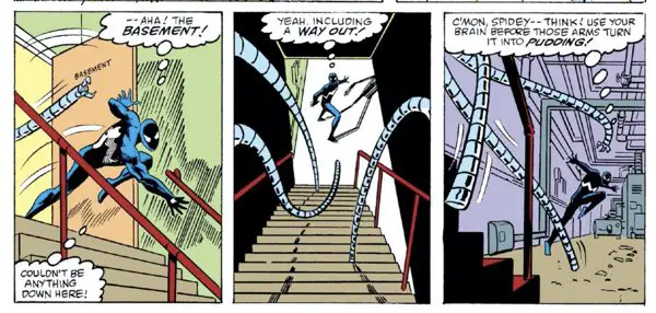Spider-Man running down the stairs, Doc Ock's arms chasing him