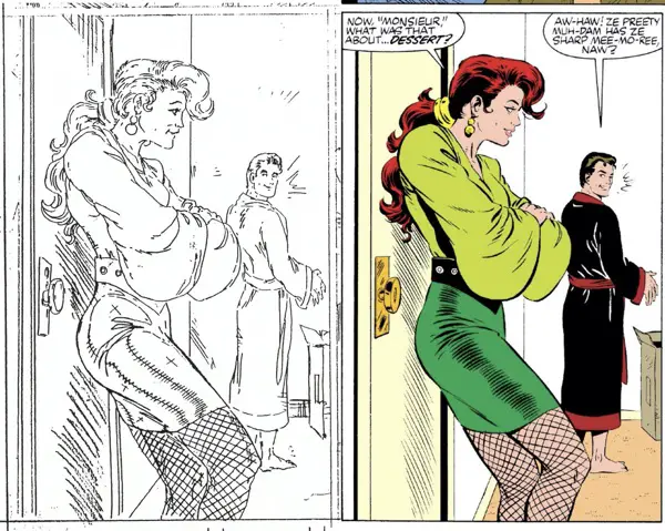 Mary Jane's leather skirt is changed from Todd McFarlane's pencils to Bob McLeod's inks here