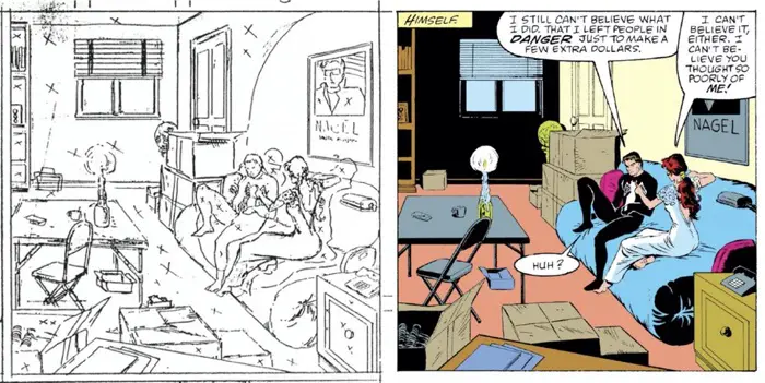 Mary Jane and Peter on the couch, as drawn by Todd McFarlane and Bob McLeod in The Amazing Spider-Man #298