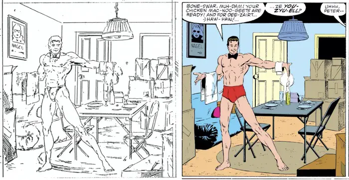 Peter in his underwear changes from Todd McFarlane's pencils to Bob McLeod's inks in The Amazing Spider-Man #298