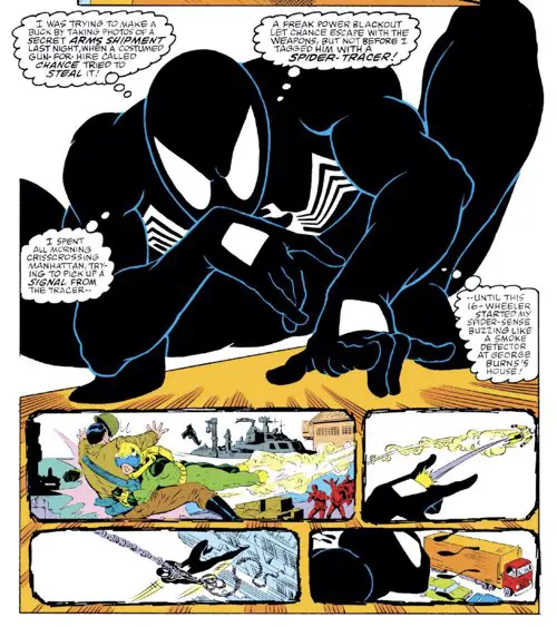 Spider-Man crouches and remembers last issue, but the page design is off