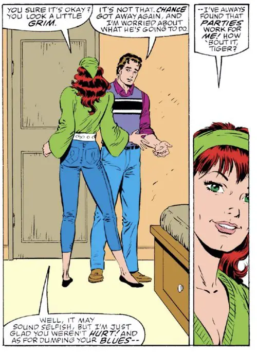 Mary Jane tells Peter Parker that when she's sad, she likes to party
