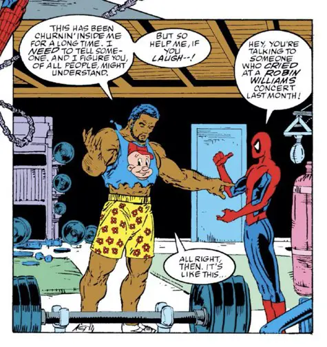 Cassady wears an Elmer Fudd shift.  Spider-Man references a Robin Williams concert.