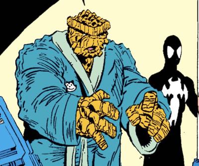 The first hidden Felix the Cat in Todd McFarlane's run on The Amazing Spider-Man is on Thing's robe