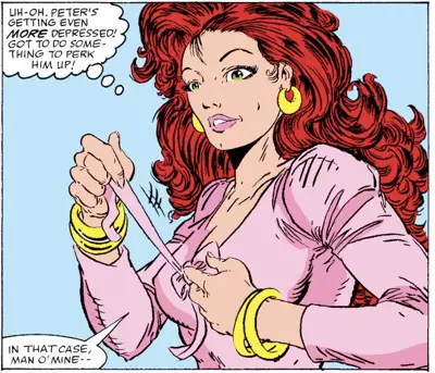 Mary Jane unties the bow on her blouse, which theoretically causes it to fall to the ground.  Maybe?