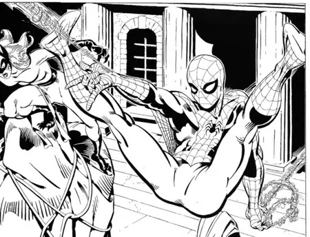 Close-up on Spider-Man in the Michael Golden spaghetti webbing portfolio piece