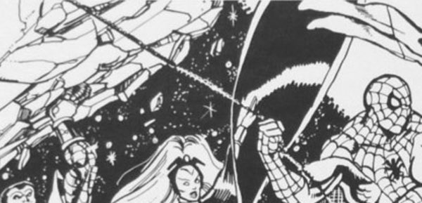 Close up on Spider-Man's webbing in George Perez Marvel Team-Up piece with Spider-Man