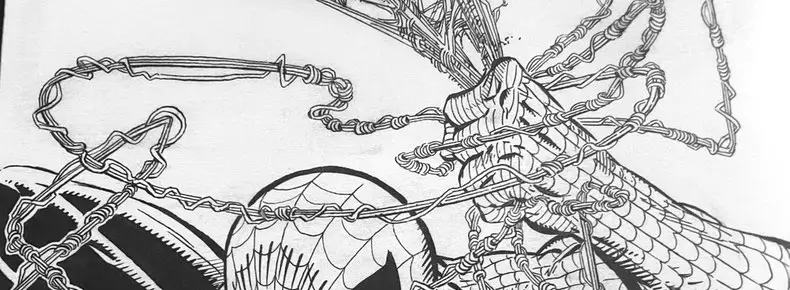 Closeup on Todd McFarlane's spaghetti webbing for Spider-Man