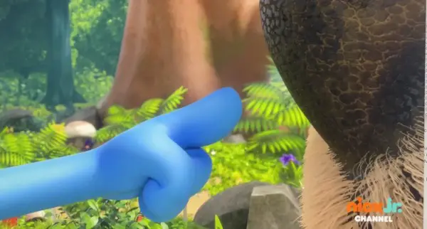 Scaredy Smurf's hand about to boop a bear nose