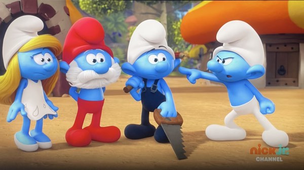 Dimwitty's paranoia makes him accuse Smurfette, Papa Smurf, and Hefty of something