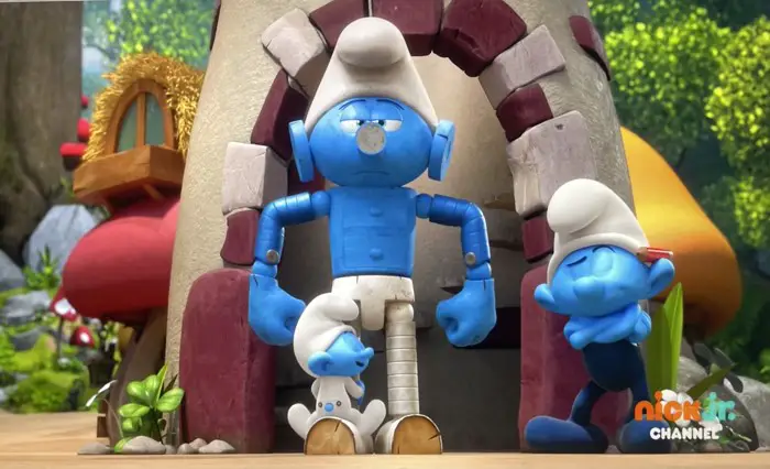 Baby Smurf, Handy Smurf, and Handy's latest invention, Diaper Daddy