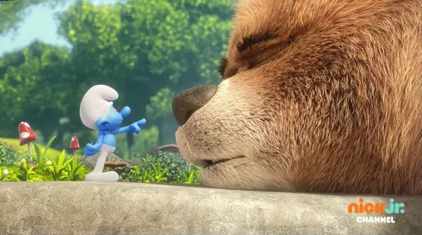 Scaredy Smurf almost booping a bear's nose