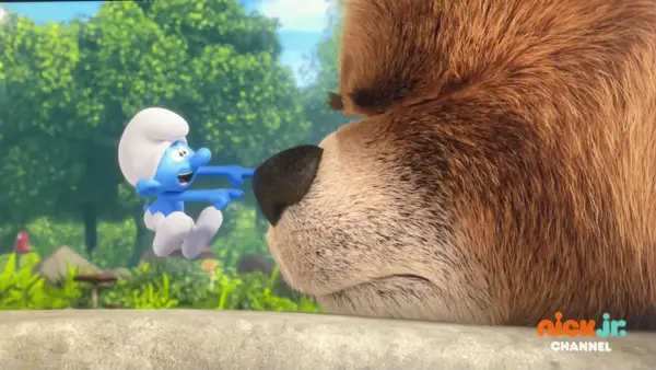 Scaredy Smurf repeatedly boops a sleeping bear's nose