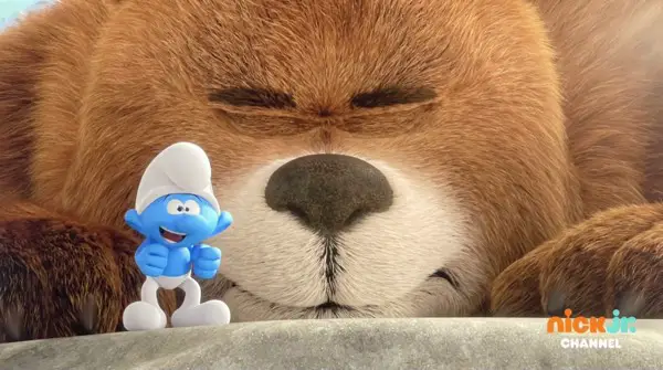 Scaredy Smurf is happy he booped a bear's nose