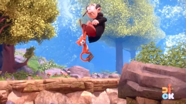 Gargamel frozen mid-air after jumping off a cliff