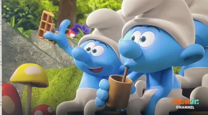 The Smurfs eat Waffles during the "Who's Heftier?" episode