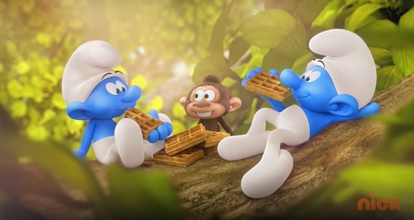 A monkey and two Smurfs enjoy a good waffle