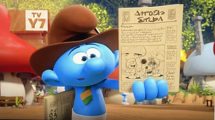 Reporter Smurf holds up a newspaper